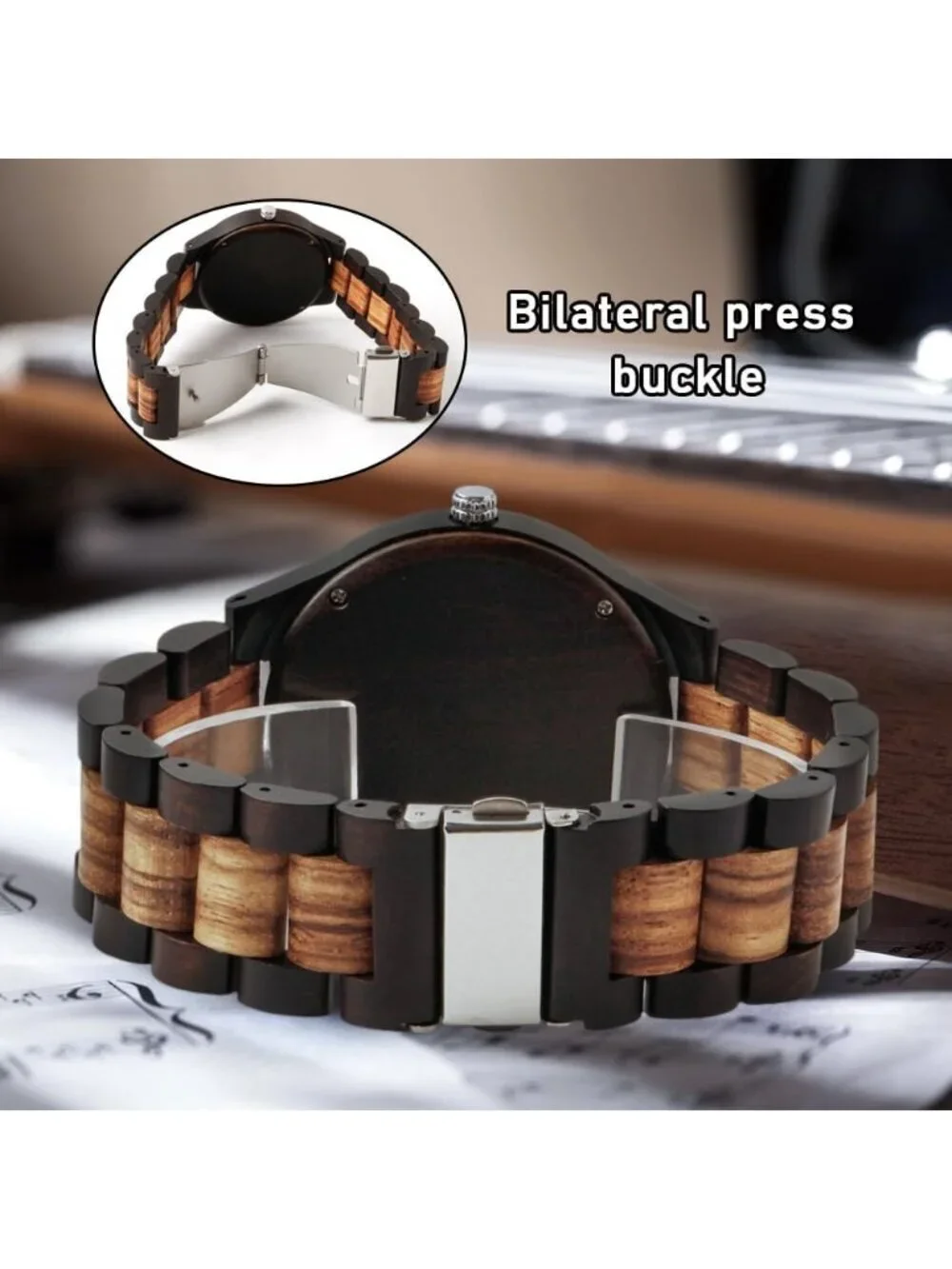 Men's Blue 100% Manual Round Classic Wrist Analog Quartz Handmade Wooden Watch